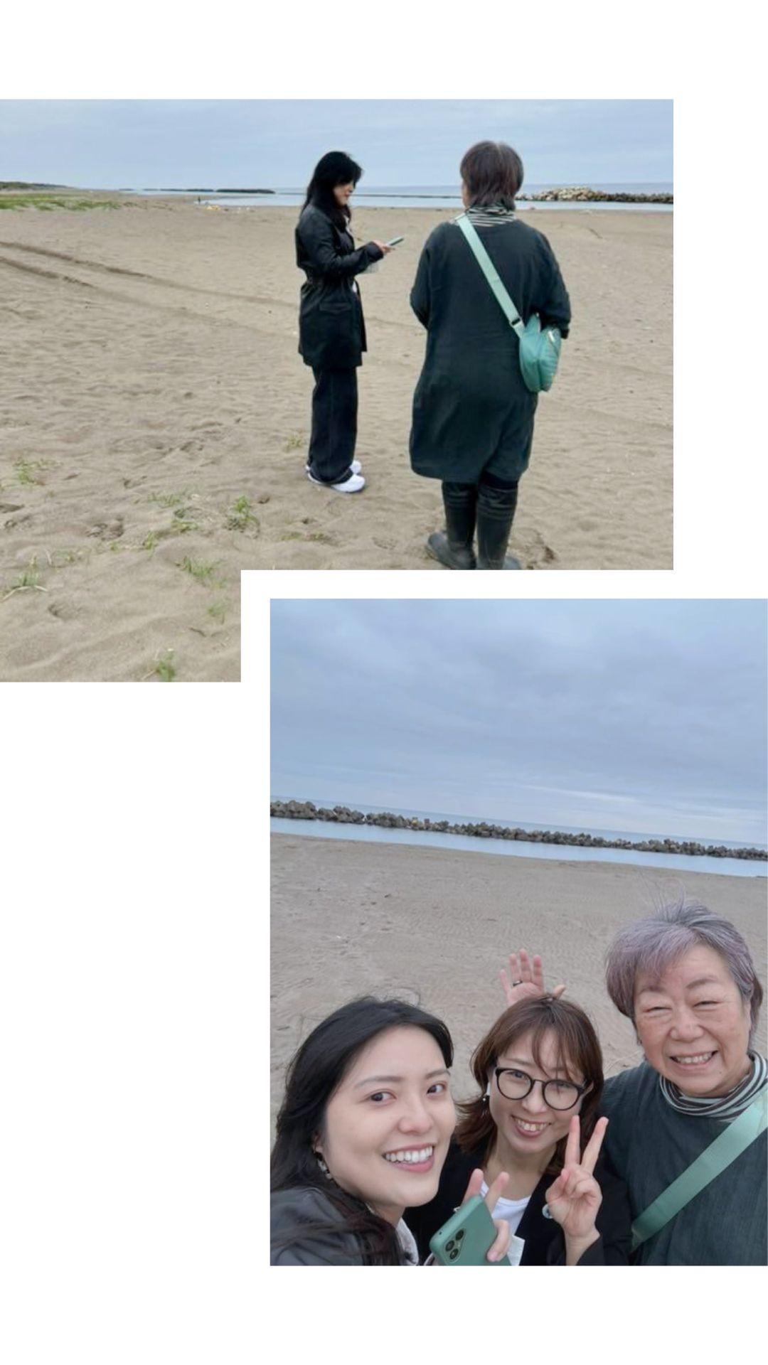 不廢新設計創辦人與日本 Kaeru Design 的川﨑朱美子小姐及友人於日本海灘淨灘後合影，象徵跨國永續設計交流。