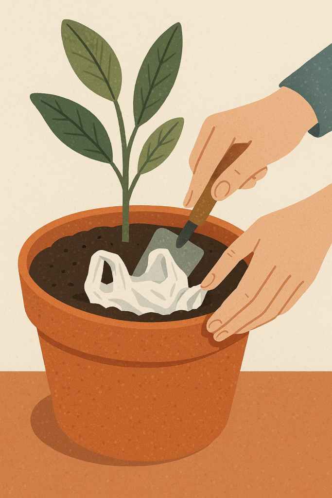 將一個平放的可分解塑膠袋埋入盆栽的土壤中