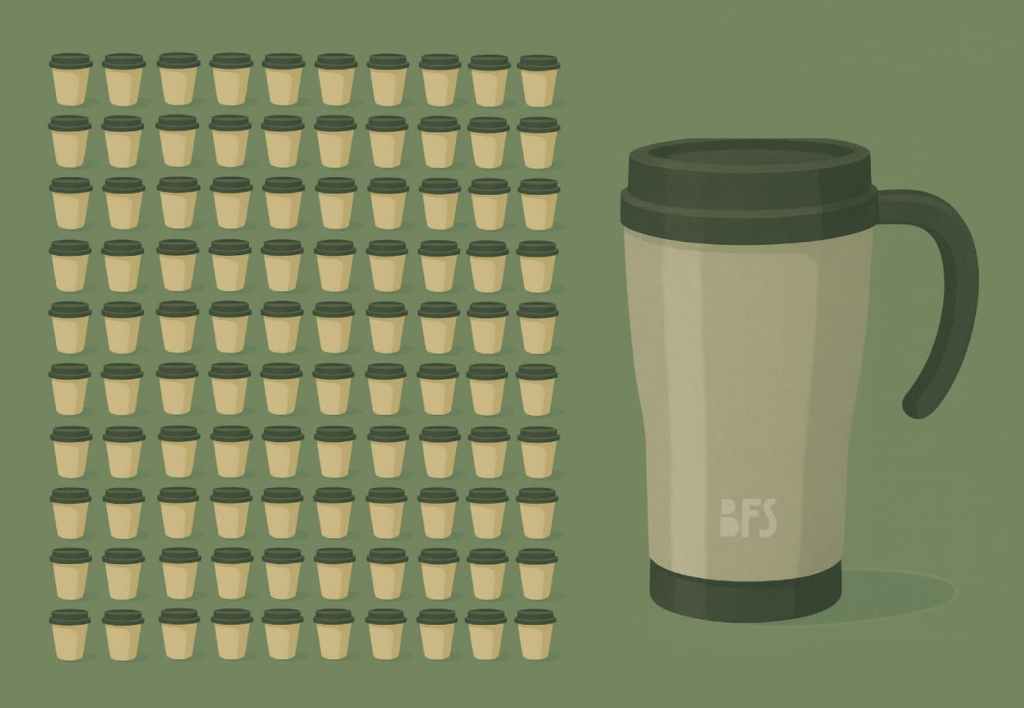 100 個可分解杯 vs. 1 個用 10 年的不鏽鋼瓶的對比插畫，呈現哪個更永續的提問。
