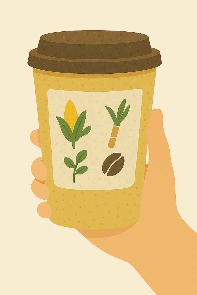 可分解環保杯，杯身標示玉米、甘蔗與咖啡豆等植物原料